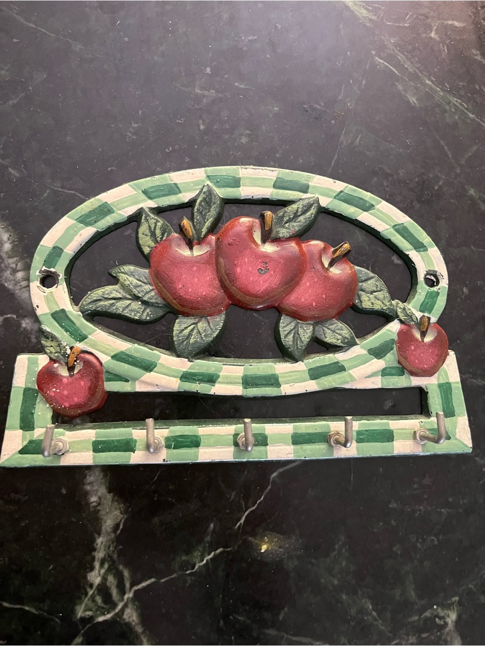 Vintage Apple Wall Key Rack Cast Iron Green Check Farmhouse Country Decor 6in